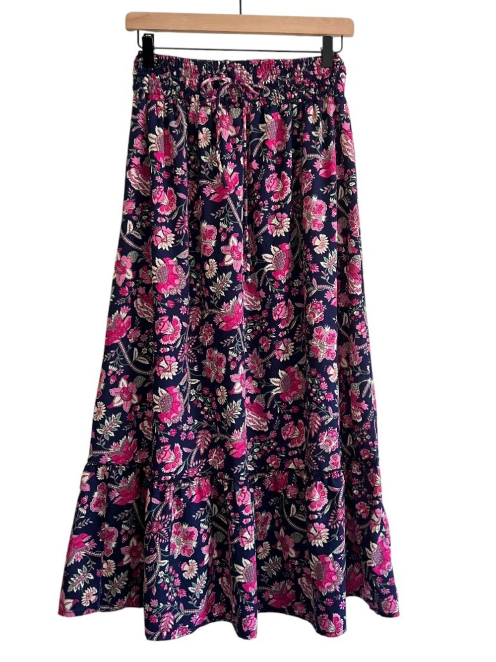 Boemo Navy Pink Floral Printed Pull On Tiered Maxi Skirt